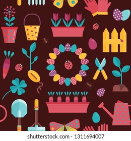 Spring seedling and planting pattern with plant growing icons. Home gardening seamless background with lanscaping elements and equipment. Springtime backdrop for wrapping paper or print.