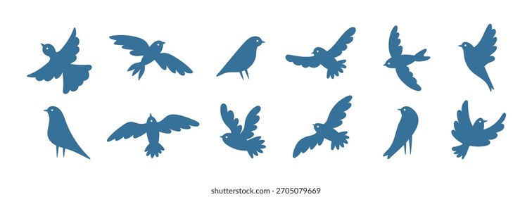 Spring set of abstract hand drawn linocut birds