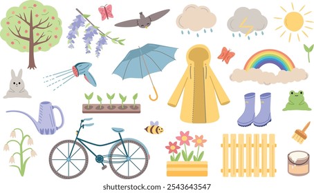 Spring set, spring activities, surroundings. Tree, wisteria, butterfly, bird, rain thundercloud, sun, bunny, watering can, umbrella, raincoat, rainbow, rubber boots, frog, bicycle, snowdrop, seedlings