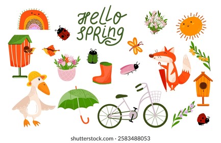 Spring set with animals, bird, flowers, and other seasonal elements. For cards, posters, stickers, and seasonal designs