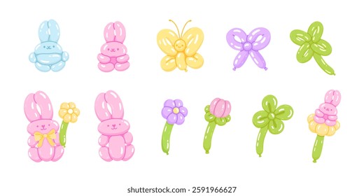 Spring set balloon of rabbits, flowers, butterfly, clover plant, bow. Twisted helium latex balloons. Party decor. Flat isolated vector illustration on white background
