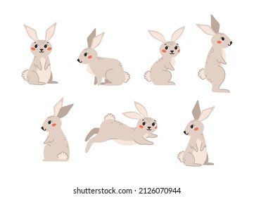 Spring set of beige rabbit. Cute flat vector illustration on white background.