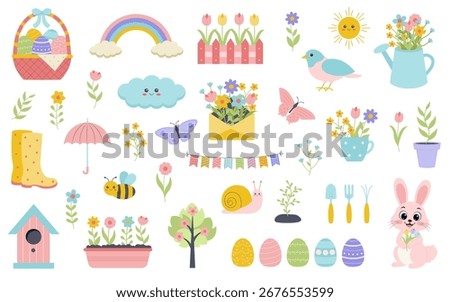 Spring set with bird, flowers, rabbit, birdhouses, sun, and other. For poster, card, scrapbooking, sticker, invitation.