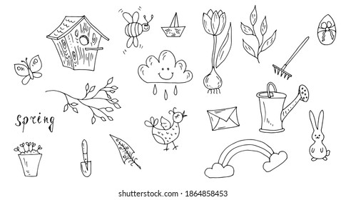 Spring set. Birdhouse, tulip, rake, watering can, branch. Vector illustration, sketch, line drawing.