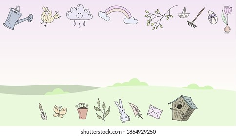 Spring set. Birdhouse, tulip, rake, watering can, branch. Vector illustration, landscape.