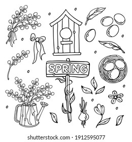 Frühlingsset mit Vogelhäusern, Nest, Ostereiern, blühenden Zweigen von Weiden, Blumen. Vektorgrafik-Kollektion von Elementen des Grafikdesigns im Skizzenstil zum Färben von Seiten, Poster, Karte