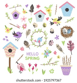 Spring set with birds, flowers, eggs and other elements. Vector collection hand drawn illustrations.