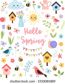 Spring set with birds and flowers and gardening 