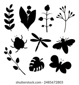 Spring set of black silhouettes of cute insects and plant branches. Summer. design elements for print, poster, postcard.