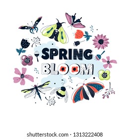 Spring set with blooming flowers and butterfly . Vector illustration