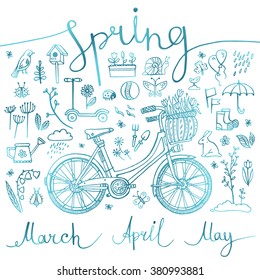 spring, set of blue icons and symbols with bike, inscription, vector illustration