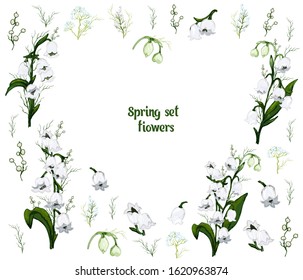 Spring set, a bouquet of Lily of the valley flowers in the form of a heart. hand-drawn realistic Doodle isolated on white background. Botanical vector illustration, flowers of the primrose. for design
