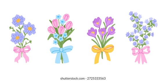 Conjunto de primavera de buquês de flores de mel, tulipas, croco e esqueça-me não com laços de fita. clip-art floral da coleção preppy para cartões ou convites. Flores delicadas suaves