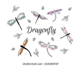Frühlingsset mit Schmetterling, Libellenfliege, Blume. Dekoratives Design, Vektorgrafik