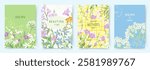 Spring set of cards with drawn cute meadow flowers. Floral botanical art templates for holiday card, poster, invitation, social media post, cover, advertisement, for Mother's Day, Easter and Birthday 