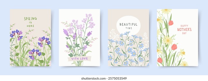 Spring set of cards with drawn cute meadow flowers. Floral botanical art templates for holiday card, poster, invitation, social media post, cover, advertisement, for Mother's Day, Easter and Birthday 