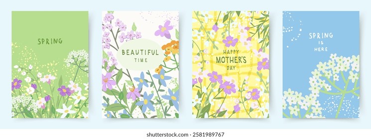 Spring set of cards with drawn cute meadow flowers. Floral botanical art templates for holiday card, poster, invitation, social media post, cover, advertisement, for Mother's Day, Easter and Birthday 