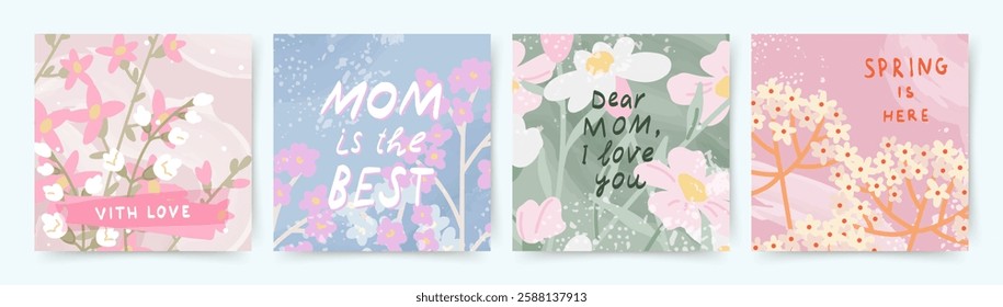Spring set of cards with drawn cute meadow flowers. Floral botanical art templates for holiday card, poster, invitation, social media post, cover, advertisement, for Mother's Day, Easter and Birthday 