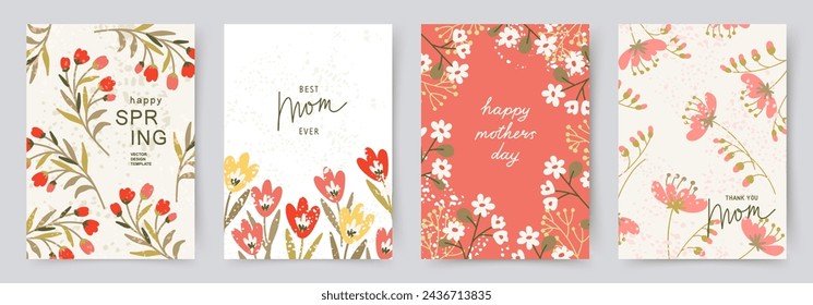 Spring set of cards with hand drawn cute wildflowers. Floral art templates for holiday card, poster, invitation, cover, advertisement, for Mother's Day, Easter and birthday