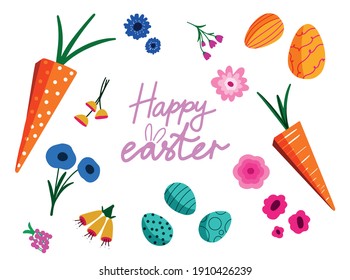 spring set with carrots and flowers on a white background. lettering happy easter.