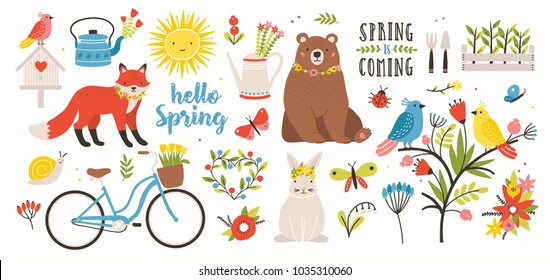 Spring set  Collection cute animals  birds   insects  blooming flowers   floral decorations  bicycle isolated white background  Bright colored vector illustration in flat cartoon style 