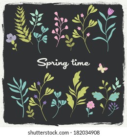 Spring set. Colorful chalkboard hand drawn graphic flower set