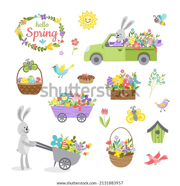 Spring set of\
colorful elements, flower arrangements in cart, wheelbarrow, car,\
box. Spring blossom. Flowers, birds. Flat, cartoon. Isolated vector\
stock illustration eps 10 on\
white