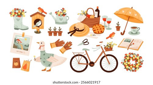 Spring set. Cozy spring picnic basket, seedling pots, and a bicycle. Springtime elements including flowers, wreath, and a birdhouse. Flat vector illustration.