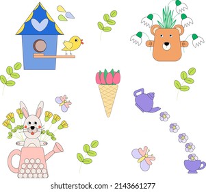 Spring set with cute animals and birds, butterflies, flowers, tableware elements, birdhouse and garden decorations - cute teddy bear with snowdrops. Vector illustrations, flat and cartoon.