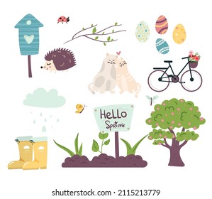 spring set with cute animals. Hand drawn flat cartoon. Vector illustration cats, bicycle, birdhouse, hedgehog, Easter eggs, butterfly, ladybug, rubber boots, tree in bloom, cloud, rain, sprouts,