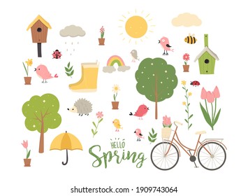 Spring set of cute birds, flowers and decorations. Poster, card, scrapbooking, sticker kit. Hand drawn vector illustration.