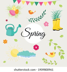 Spring set of cute birds, flowers and decorations. Poster, card, scrapbooking, sticker kit. Hand drawn vector illustration.