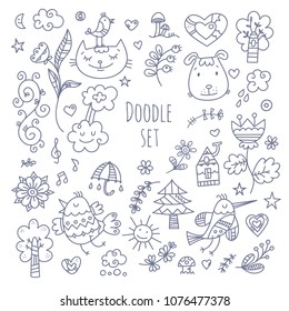 Spring set  with cute cartoon cats, dogs and birds. Flowers and plants of  spring time. Vector contour doodle style image. 