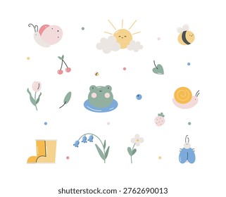 Spring set with cute elements. Isolated cartoon flat objects on white background. butterfly, frog, bee, snail, beetle, boots, flowers, berries, sun, leaves. Spring vibes.