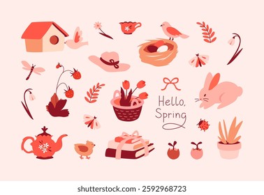 A spring set with cute elements in warm colors. Tulips in a basket, a rabbit, a hat, a teapot, books, cottage mood