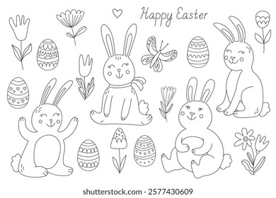 Spring set with cute funny little bunnies, butterfly and Easter eggs. Happy Easter hand drawn lettering, doodle style, black outline, ideal for coloring book