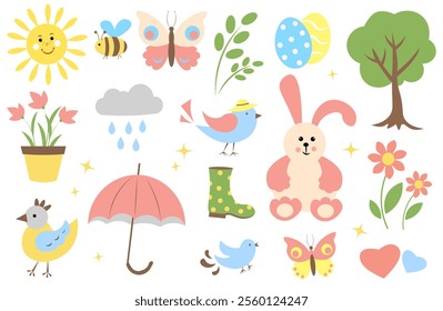 A spring set of cute, vector images. Bunny, sun, birds, flowers, umbrella, butterflies and bee