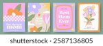 Spring set of the cutest card, cover, banner or poster for the spring holiday with wildflowers, daisies, tulips bouquet. Hand drawn Floral art templates for Mothers Day greetings, ads and decoration