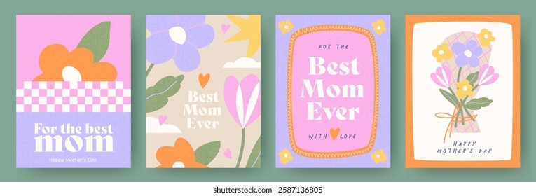 Spring set of the cutest card, cover, banner or poster for the spring holiday with wildflowers, daisies, tulips bouquet. Hand drawn Floral art templates for Mothers Day greetings, ads and decoration