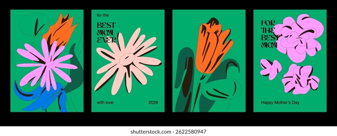 Spring set of the cutest card, cover, banner or poster for the spring holiday with wildflowers, daisies, tulips bouquet. Hand drawn Floral art templates for Mothers Day greetings, ads and decoration.