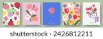 Spring set of the cutest cards or posters for the spring holiday with wildflowers, daisies, roses, tulips bouquet. Hand drawn Floral art templates for Womens Day March 8, birthday and Mothers Day