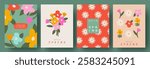 Spring set of cutest cards or posters for the spring holiday with wildflowers, tulips, daisies. Hand drawn Floral art templates for Womens Day, birthday, Mothers Day, Easter decoration and greetings