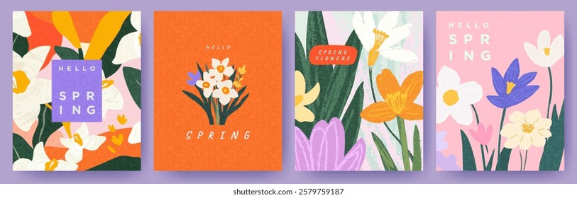 Spring set of the cutest cards or posters for the spring holiday with wildflowers, Narcissus flower, Crocus flowers. Hand drawn Floral art templates for Womens Day, birthday, Mothers Day, Easter decor