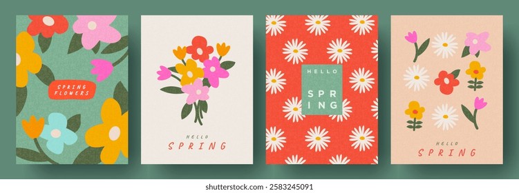 Spring set of cutest cards or posters for the spring holiday with wildflowers, tulips, daisies. Hand drawn Floral art templates for Womens Day, birthday, Mothers Day, Easter decoration and greetings