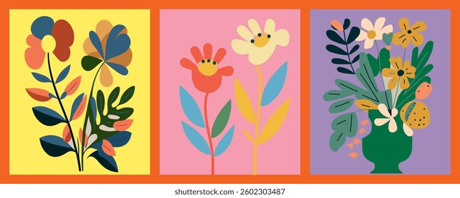 Spring set of cutest cards or posters for the spring holiday with wildflowers, tulips, daisies. Hand drawn Floral art templates for Women.