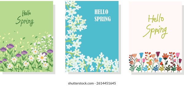 Spring set of cutest cards or posters for the spring holiday with wildflowers, tulips, daisies. Hand drawn Floral art templates for Womens Day, birthday, Mothers Day, Easter decoration and greeting