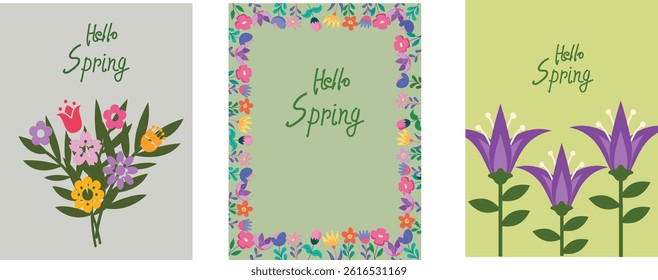 Spring set of cutest cards or posters for the spring holiday with wildflowers, tulips, daisies. Hand drawn Floral art templates for Womens Day, birthday, Mothers Day, Easter decoration and greeting