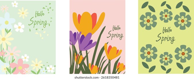 Spring set of cutest cards or posters for the spring holiday with wildflowers, tulips, daisies. Hand drawn Floral art templates for Womens Day, birthday, Mothers Day, Easter decoration and greeting