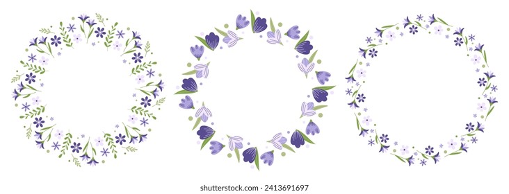 Spring set of decorative round frames with flowers. Floral wreaths. Design elements for greeting card, invitation, sale, advertising, poster, scrapbooking. Vector illustration.