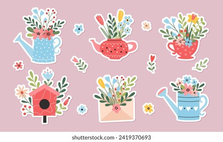 Juego primaveral de pegatinas decorativas. Decoración floral. Bouquets de flores en una lata de agua, taza, tetera. Vacaciones de primavera. Día de la Mujer, Pascua, Día de la Madre. Perfecto para tarjetas, carteles, floristería.